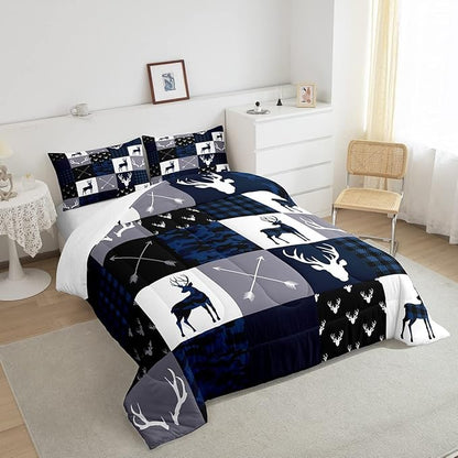 Manfei Camo Deer Antlers Comforter Set Full,Geometric Plaid Patchwork Bedding 3pcs for Kids Teens Girls Boys Room Xmas Quilt Set,Blue Grey Duvet Insert with 2 Pillowcases (WWS10843GYY-BZ_USf)