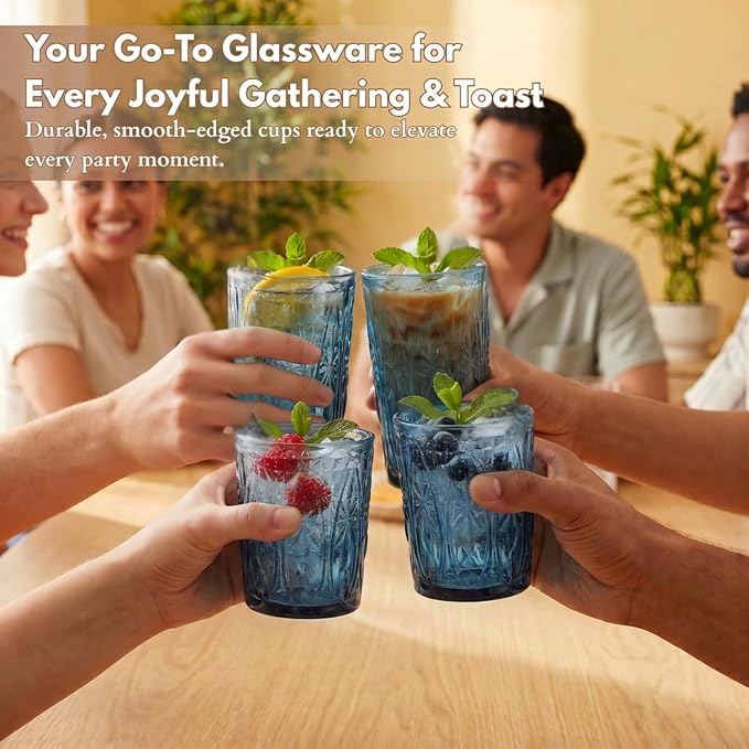 Blue Drinking Glasses Set of 12, 12 Oz Highball & 10 Oz Cocktail Glasses, Blue Kitchen Vintage Glassware Set, Floral Embossed Glass Tumbler Cups for Beer, Juice, Whiskey, Coffee(Snow)
