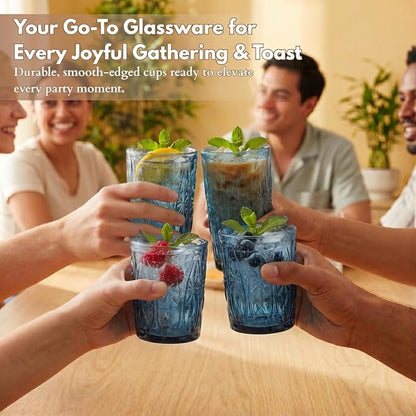 Blue Drinking Glasses Set of 12, 12 Oz Highball & 10 Oz Cocktail Glasses, Blue Kitchen Vintage Glassware Set, Floral Embossed Glass Tumbler Cups for Beer, Juice, Whiskey, Coffee(Snow)