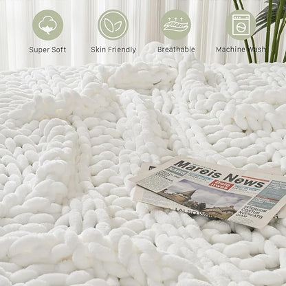 Esterra Chunky Knit Blanket Throw, 100% Handmade Chenille Throw Blanket 50"x60", Soft Thick Yarn Cable Knit Crochet Throw Blanket Rope Knot Throw for Couch Bed Sofa, Bright White