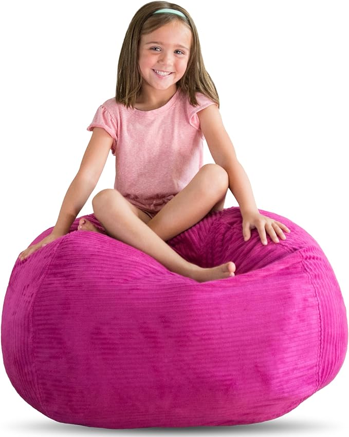 Creative QT Stuff ’n Sit Large 33’’ Bean Bag Storage Cover for Stuffed Animals & Toys – Hot Pink Corduroy – Toddler & Kids’ Rooms Organizer – Beanbag Makes Great Plush Toy Hammock Alternative