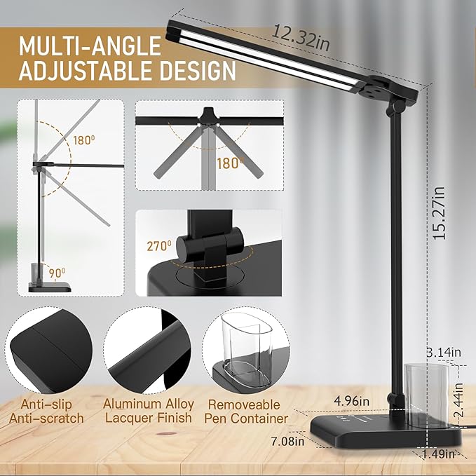 Dimmable LED Desk Lamp with USB Charging Port, 50 Lighting Modes Dual Swing Arm Architect Table Lamp Light Desk Lamp for Home Office Dorm Piano Nail