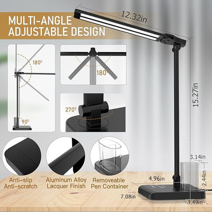 Dimmable LED Desk Lamp with USB Charging Port, 50 Lighting Modes Dual Swing Arm Architect Table Lamp Light Desk Lamp for Home Office Dorm Piano Nail