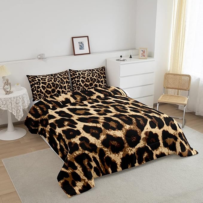 Black Brown Leopard Print Comforter Set Women Cheetah Printed Bedding Set Men Africa Animal Wildlife Duvet Set for Kids Girls Teens Bedroom Decor Luxury Home Hotel Room Soft Comforter King Size 3Pcs