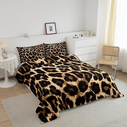Black Brown Leopard Print Comforter Set Women Cheetah Printed Bedding Set Men Africa Animal Wildlife Duvet Set for Kids Girls Teens Bedroom Decor Luxury Home Hotel Room Soft Comforter King Size 3Pcs