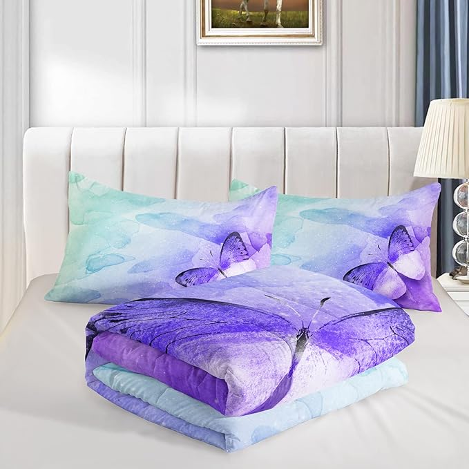 Butterfly Comforter Full Size,Watercolor Butterfly Kids Comforter Set,3Pcs Bedding Set Printed Comforter with 2 Pillowcases,Down Alternative,Soft and Lightweight,for All Seasons