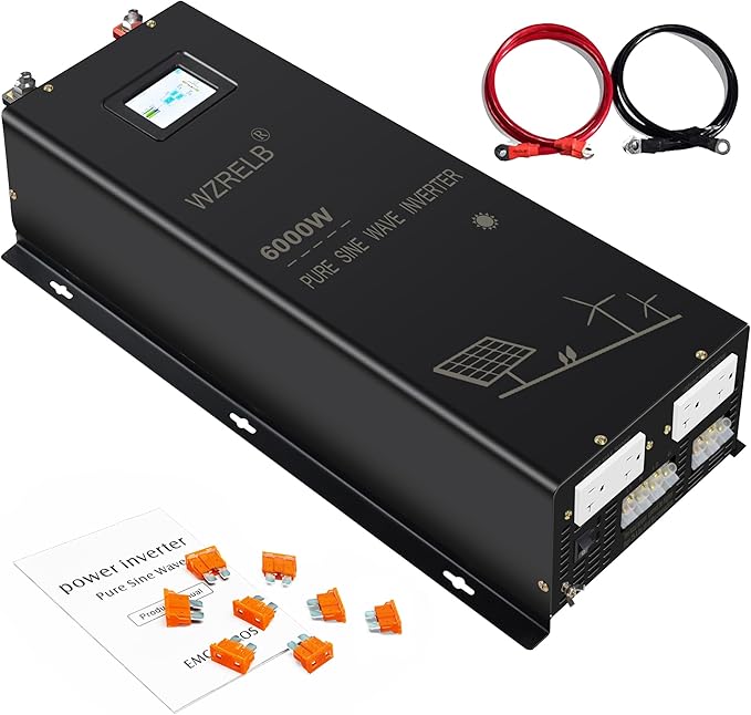 WZRELB 6000W Split Phase Pure Sine Wave Inverter, 24V DC to 120V/240V AC, 4 AC Outlets, Hardwire Terminal, High Efficiency up to 91.6%