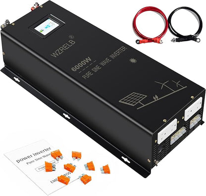 WZRELB 6000W Split Phase Pure Sine Wave Inverter, 24V DC to 120V/240V AC, 4 AC Outlets, Hardwire Terminal, High Efficiency up to 91.6%