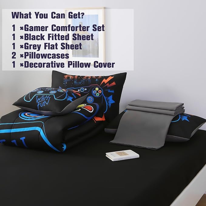 6Pcs Game Console Comforter Set with Sheets for Boys Girls Kids Teens, Geometric Gaming Themed Bed in A Bag Twin Size, 3D Video Gamer Controller Bedroom Decor Bedding Set(Blue)