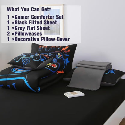 6Pcs Game Console Comforter Set with Sheets for Boys Girls Kids Teens, Geometric Gaming Themed Bed in A Bag Twin Size, 3D Video Gamer Controller Bedroom Decor Bedding Set(Blue)