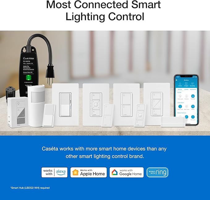 Lutron Caseta Original Smart Dimmer Switch Kit, 2 Dimmer Switches, 2 Wall Plates, 2 Remotes, 2 Pedestals, and Smart Hub, Works with Alexa, Apple Home, Google Home, 3Way, 150W, No Neutral, P-BDG-PKG2W