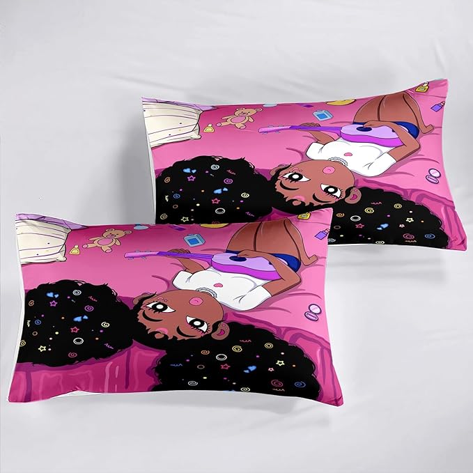 Black African American Girls Full Size Comforter Sets - Black Girl Full Size Bedding Sets for Girls Pink Princess Bedroom Sets Room Decor Full Size Comforter Set, 1 Comforter+2 Pillowcases