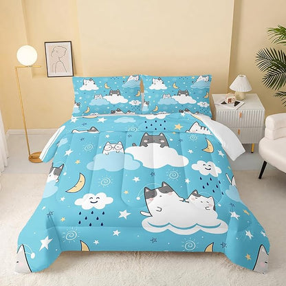 Cat Comforter Queen Size,Blue Cloud Cats Comforter Set for Kids Teens Girls Boys,3Pcs Bedding Set Printed Comforter with 2 Pillowcases,Down Alternative,Soft and Lightweight，Queen Size