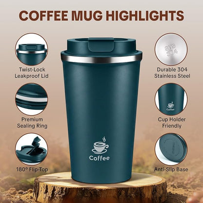 17oz Travel Coffee Mug ,Leakproof Vacuum Coffee Cup Insulated Tumbler | 304 Stainless Steel, Double-Wall Vacuum Insulated, Leakproof, Fits Hot & Cold Drinks Car Cup Holders, Travel, Office