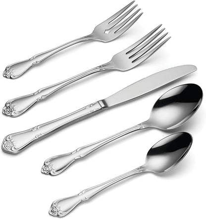 Oneida True Rose 45 Piece Everyday Flatware, Service for 8, 18/0 Stainless Steel, Silverware Set, Silver
