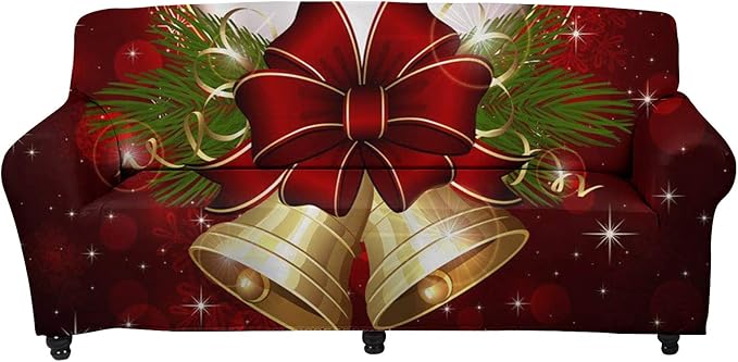 FKELYI Stretch Sofa Slipcover-Christmas Theme Jingle Bell Print Soft Couch Sofa Cover Furniture Protector Modern Home Decorations,Non Slip Soft Couch Sofa Cover for Women Mens-XL
