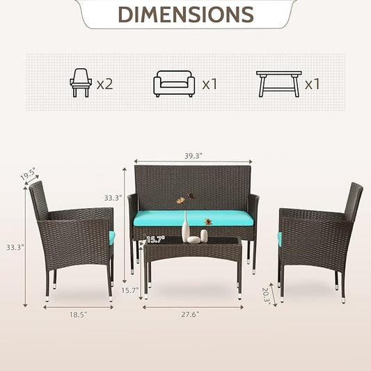 FDW 4 Pieces Patio Furniture Set Wicker Patio Conversation Set with Rattan Chair Loveseats Coffee Table for Outdoor Indoor Garden Backyard Porch Poolside Balcony,Brown Wicker/Blue Cushions