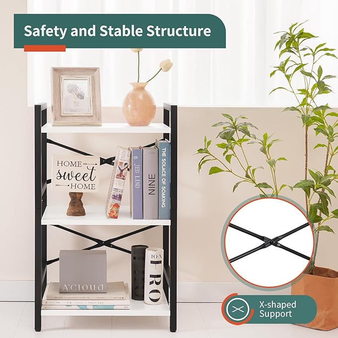 Yoobure Bookshelf Small Book Shelf, Solid Industrial 3 Tier Shelf Bookcase, Short Book Case for Bedroom, Living Room, Office Home, Small Spaces, White