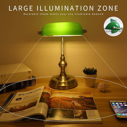 Green Glass Bankers Desk Lamp,Vintage Desk Lamp Touch Control, 3 Way Dimmable Table Lamp with USB Charging Port, Mid Century Banker's Desk Lamp for Home Office Library Antique Brass