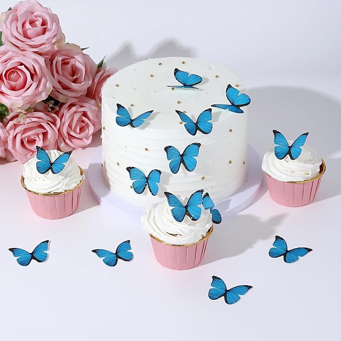 48PCS Blue Edible Butterfly Cake Toppers Butterflies for Cake Decorations | Colorful Small Pastel Cupcake Toppers Decorations for Birthday Party Wedding Cake Decorations
