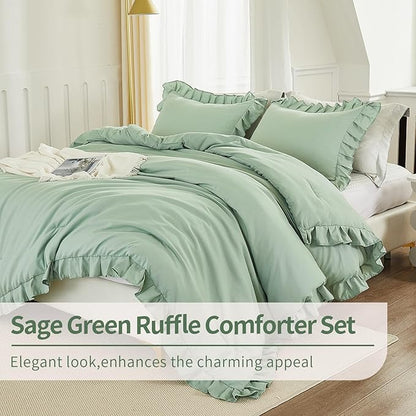 Andency Sage Green Comforter Set Full, 3 Pieces Lightweight Soft Ruffle Bed Comforter, Farmhouse Rustic Fluffy Microfiber Down Alternative Bedding Set (79x90Inch Comforter)