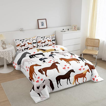 Erosebridal Kawaii Comforter Horse Comforter Set King Farm Bedding Set Kids Boys Girls Cute Animal Duvet Set Cartoon Horses with Pink Lover Heart Bedroom Decor Duvet Set Cowboy Cowgirls Comforter Set