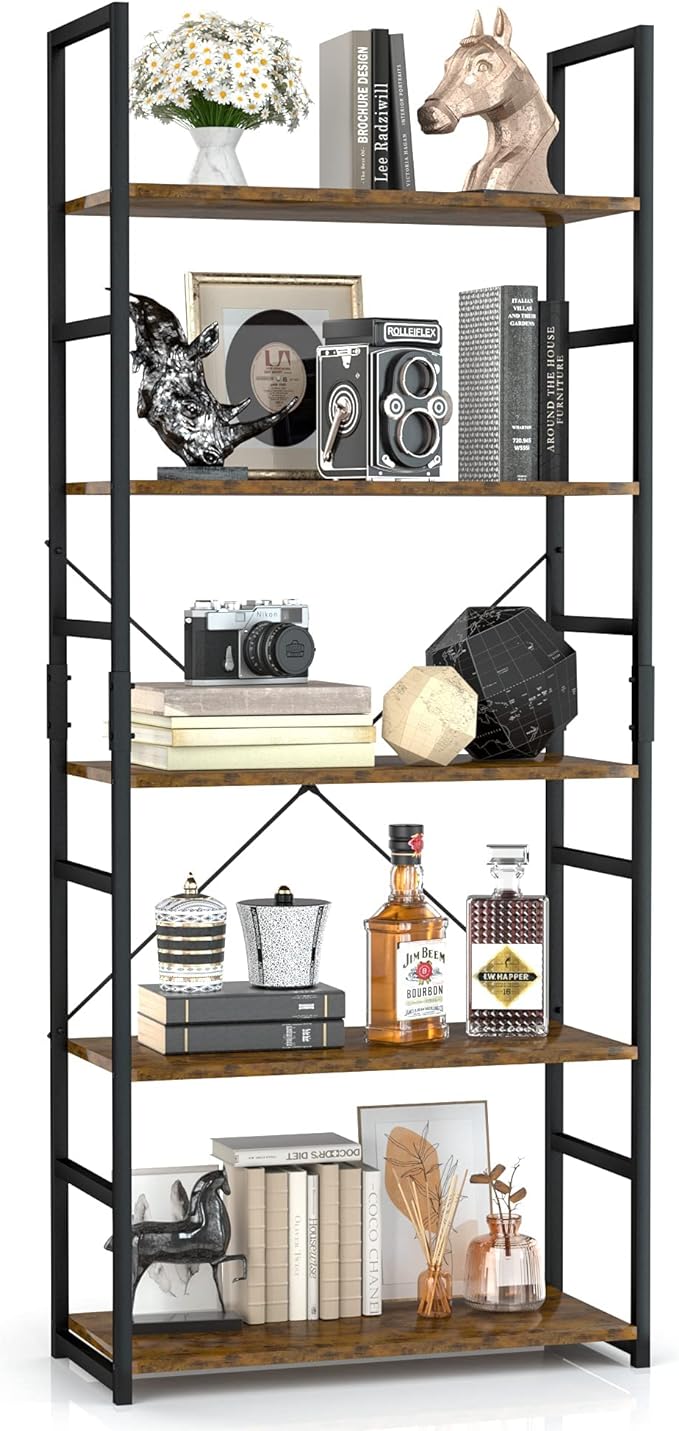OTK 5 Tier Bookshelf, Tall Bookcase, Office Shelf Storage Organizer, Modern Book Shelf for Living Room, Bedroom, and Home Office, Vintage