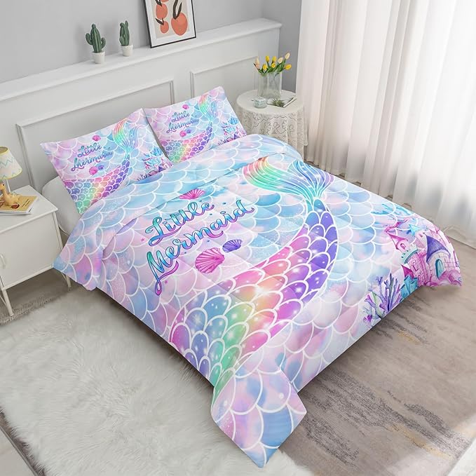 Datura home Bedding Comforter Set Rainbow Purple Mermaid Tail Printed Comforter Set with 1 Comforter and 2 Pillowcases for Girls Bedroom All Season(Rainbow Purple Full)