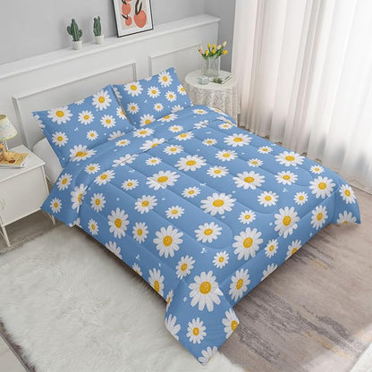 Datura home Flower Comforter Set Blue Daisy Floral Printed Pattern Quilt Bedding with 1 and 2 Pillowcases for Girls Women Bedroom All Season(Blue Twin) Twin 68x86inches