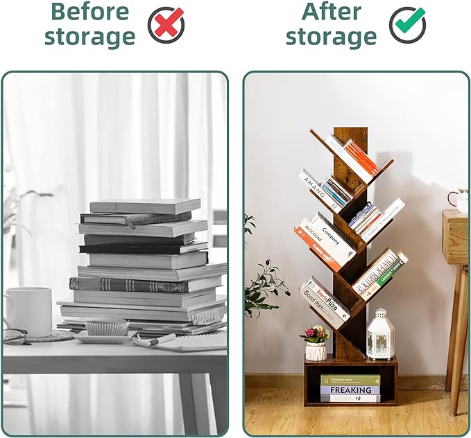 Yoobure Tree Bookshelf - 6 Shelf Retro Floor Standing Bookcase, Tall Wood Book Storage Rack for CDs/Movies/Books, Utility Book Organizer Shelves for Bedroom, Living Room, Home Office