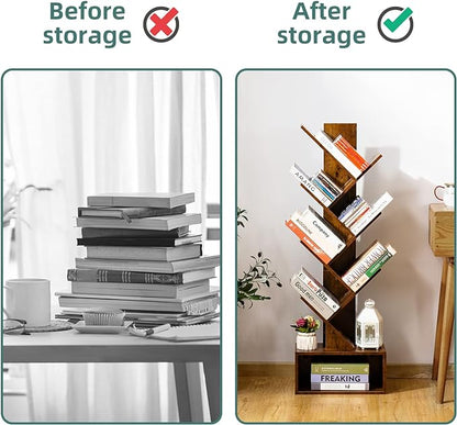 Yoobure Tree Bookshelf - 6 Shelf Retro Floor Standing Bookcase, Tall Wood Book Storage Rack for CDs/Movies/Books, Utility Book Organizer Shelves for Bedroom, Living Room, Home Office