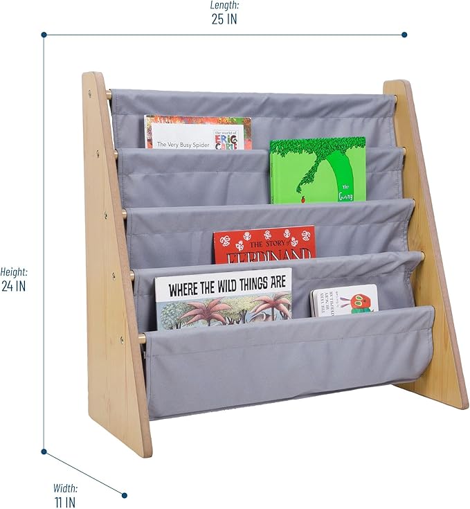 Wildkin Kids Canvas Sling Bookshelf for Boys and Girls, Wooden Design Features Four Fabric Shelves, Keep Bedrooms, Playrooms, and Classrooms Organized, Measures 25 x 24 x 11 Inches (Natural w/ Gray)
