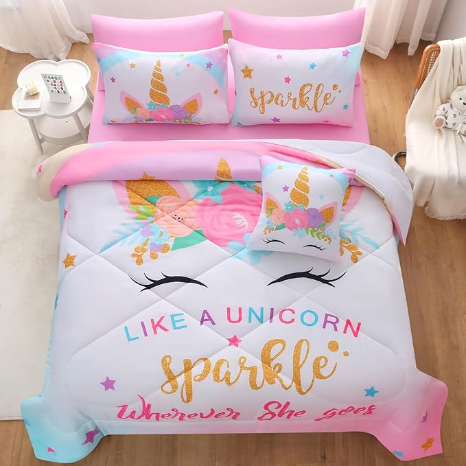 JQinHome Unicorn Twin Bedding Sets for Girls Kids,6 Piece Bed in A Bag 3D Colorful Flower Girl Unicorn Comforter Set with Sheet Set(Sparkle)