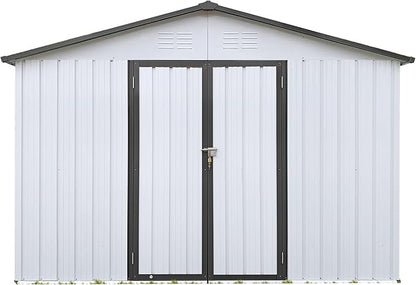 Sheds & Outdoor Storage 12 ft × 10 ft Storage Shed Large Classic Apex Roof Metal Garden Storage Sheds with Hinged Door Tool Cabinet for Backyard, Patio, Poolside, White + Gray