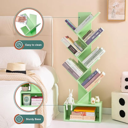 Yoobure Tree Bookshelf - 6 Shelf Retro Floor Standing Bookcase, Tall Wood Book Storage Rack for CDs/Movies/Books, Utility Book Organizer Shelves for Bedroom, Living Room, Home Office Green