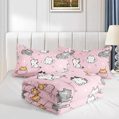 Datura home Pink Kawaii Cat Comforter Bedding Set for Girls Lovely Kitten Print Cute Animal Pattern with 1 & 2 Pillowcases Bedroom All Season(Cat Queen), Queen 90x90inches
