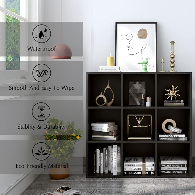 9-Cube Storage Shelf Bookcase - Wooden 3-Tier Free Standing Open Bookshelf for Home and Office, Organizer Cabinet in Black