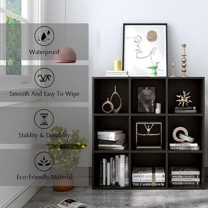 9-Cube Storage Shelf Bookcase - Wooden 3-Tier Free Standing Open Bookshelf for Home and Office, Organizer Cabinet in Black