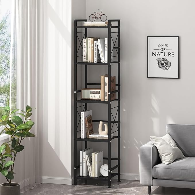 JSB 5 Tier Metal Bookshelf Bathroom Storage Standing Shelf Unit Kitchen Storage Organizer Display Rack Bookcases Shelves for Living Room, Bedroom, Office (Black, 5 Tier)