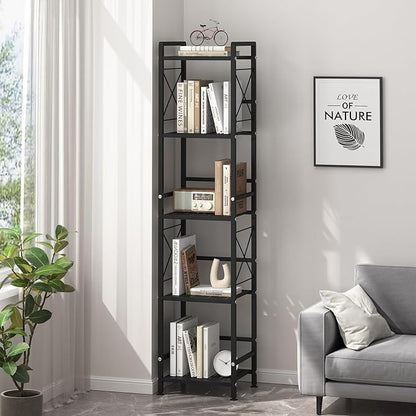 JSB 5 Tier Metal Bookshelf Bathroom Storage Standing Shelf Unit Kitchen Storage Organizer Display Rack Bookcases Shelves for Living Room, Bedroom, Office (Black, 5 Tier)