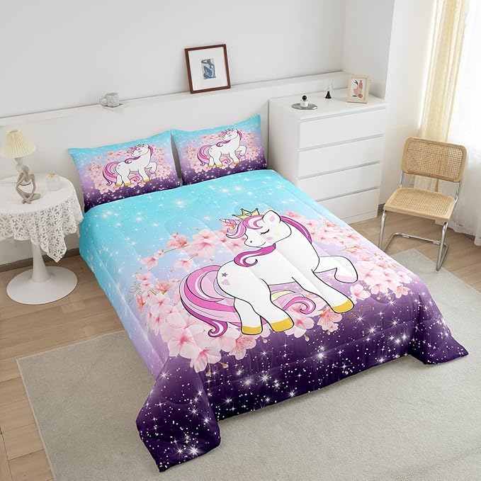 Unicorn Comforter Set King, Kids Unicorn Floral Bedding for Girls Boys Children Bedroom Decor, Cherry Blossoms Glitter Down Comforter Galaxy Kawaii Quilt Set with 1 Pillowcase, Blue Purple Ombre