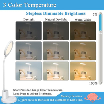 GOLSPARK Battery Operated Desk Lamp LED Rechargeable 4500mAh White LED Desk Lamps Dimmable, Touch Control 360°Flexible Dorm Reading Lamp for Students-3 Color Modes with Pen Holder Phone Stand