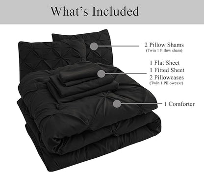 LANE LINEN Queen Comforter Set, 7 Piece Queen Bed Set, Soft Bedding Queen Size, Pintuck Queen Bed in a Bag Set, Black Comforter Queen, Queen Bed Comforter Set with Sheets, Pillowcases & Shams - Black