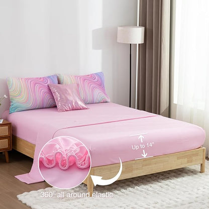 Btargot Super Soft 6 Pieces Gradient Wavy Line Comforter Set, Colorful Glitter Rainbow Star Pattern Bedding Set for Boys Girls Teens, Twin Pink Green