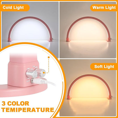 Super Bright Half Moon Light for Nail Desk, Upgrade Nail Lamp for Desk with Stepless Dimming, Half Moon Desk Lamp 3 Color Temperature (Pink)