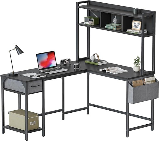 BANTI L Shaped Desk with Hutch, 58 inch Corner Computer Desk with Drawer,Home Office Gaming Table Workstation with Storage Bookshelf, Black
