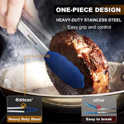 Tongs For Cooking - Kitchen Tong with Silicone Tip 7", 9", 12" Blue | 600°F Heat Resistant Silicone Tong, All Metal handle Locking Tongs with Silicone Tips, Heavy Duty Stainless steel