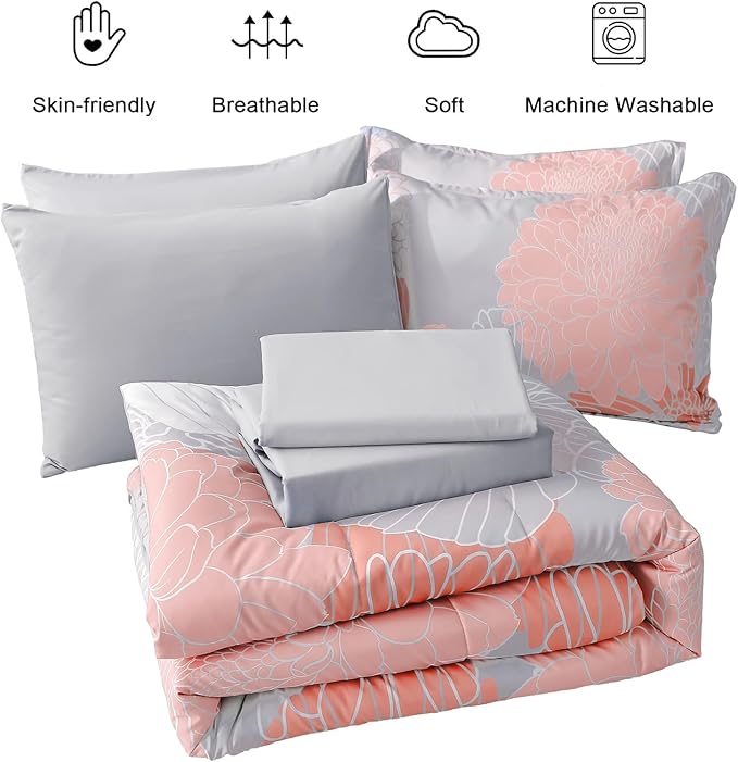 Yiran 7 Pieces Blush Grey Comforter Set Floral Bed in a Bag Soft Microfiber Comforter Bedding Set Queen Size 90"×90"(1 Comforter,2 Pillowcases,2 Pillow Shams,1 Flat Sheet,1 Fitted Sheet)