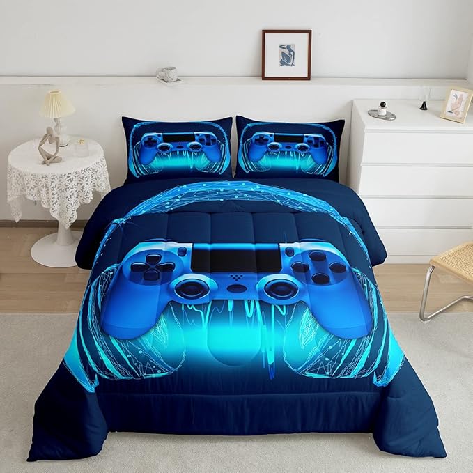 Gamer Comforter Set Full Size,Blue Headphones Musical Design Games Gamepad Bedding Set for Kids Boys Video Game Room Decor Retro Playing Gamer Down Comforter Gaming Controller Quilted Duvet Set