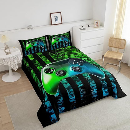 Gamer Comforter Set Queen Kids Boys Teens Usa Flag Stars Down Comforter Gaming Comforter Gamer Room Decor Camo Video Game Bedding Set, Gamepad Console Duvet, Youth Young Man Quilt, Grunge Style